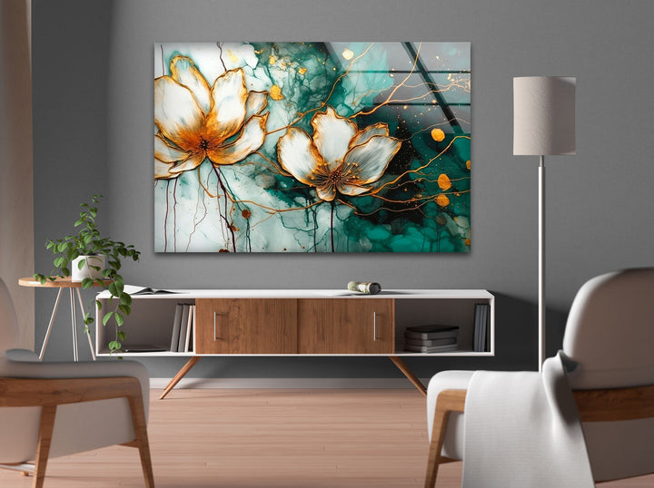 Watercolor Lotus With Golden Stains Glass Wall Art, glass pictures for Wall, glass prints wall art
