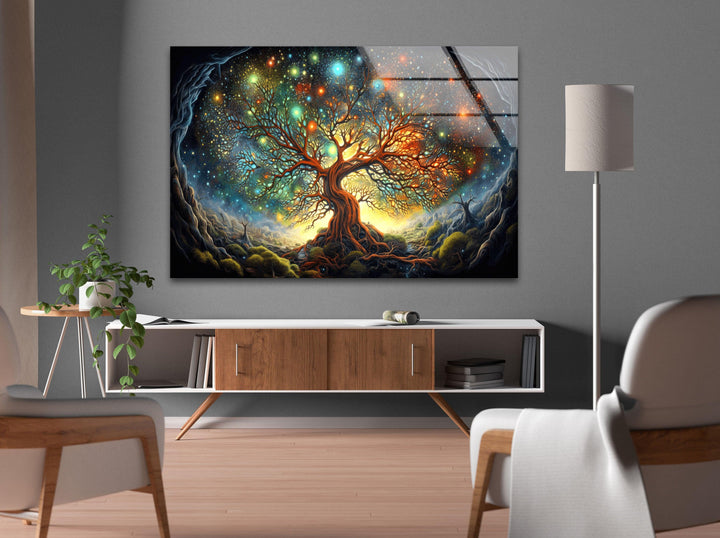 Tree With Stars Painting Glass Wall Art, glass pictures for Wall, glass prints wall art