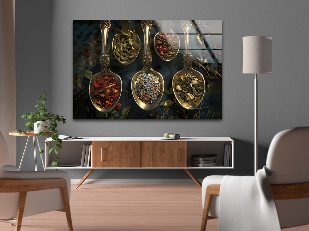 Spices On Rustic Spoon Glass Wall Art, glass pictures for Wall, glass prints wall art