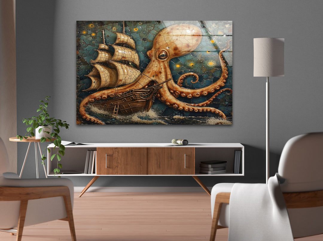 Octopus Captured Ship Glass Wall Art print picture on glass,Tempered Glass Wall Art