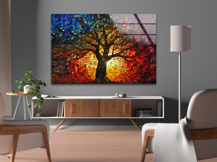 Life of Tree Red & Blue Glass Wall Art glass art painting, glass art for the Wall