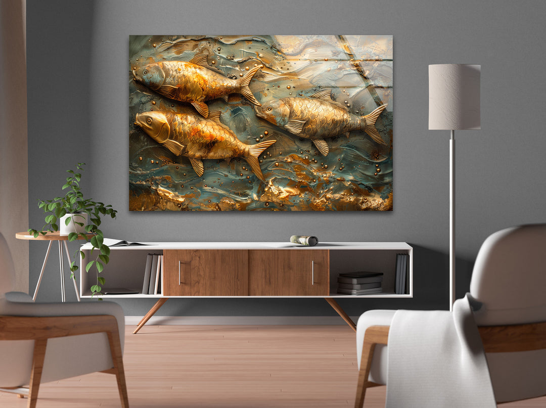 Golden Fishes Glass Wall Art custom glass pictures, glass art prints