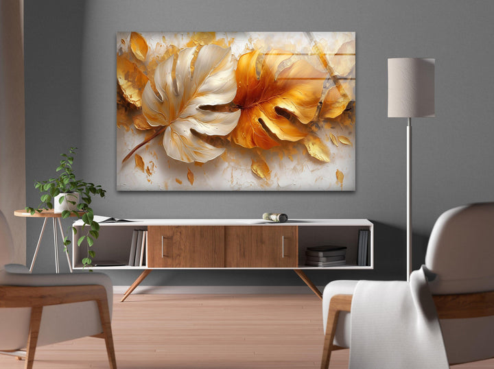 Golden Leaves Glass Wall Art, photo print on glass, prints on glass wall art