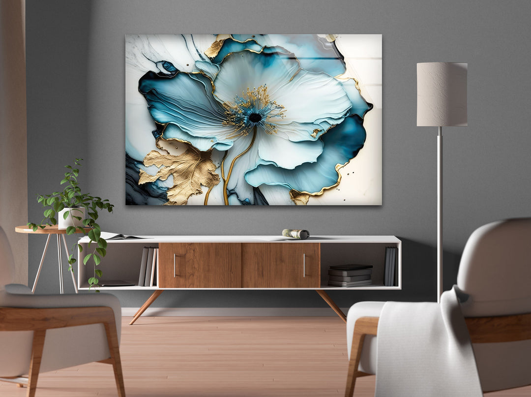 Abstract Blue Flower Glass Wall Art, custom glass pictures, glass art prints