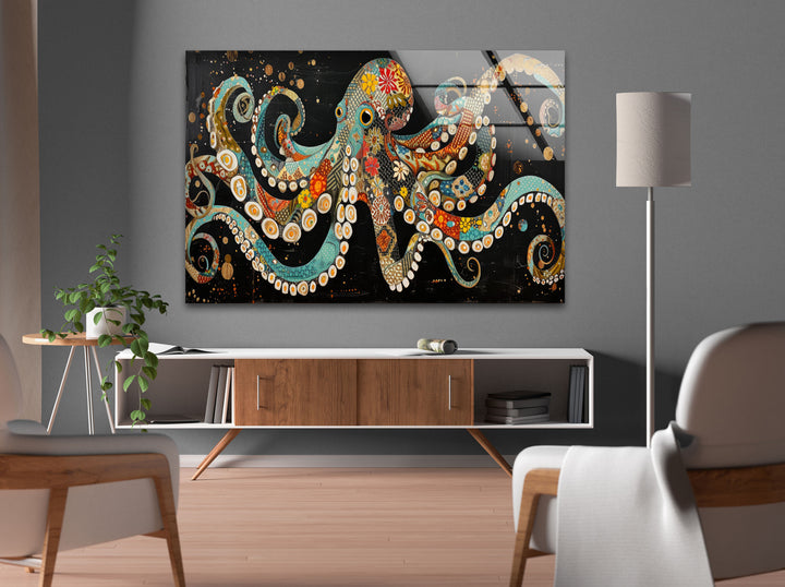 Ethnic Patterned Octopus Glass Wall Art glass photo prints, glass picture prints