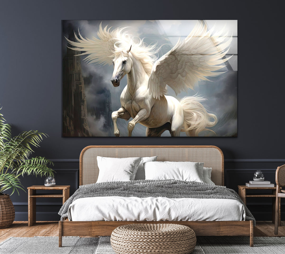 White Wing Horse Glass Wall Art glass image printing, glass prints from photos