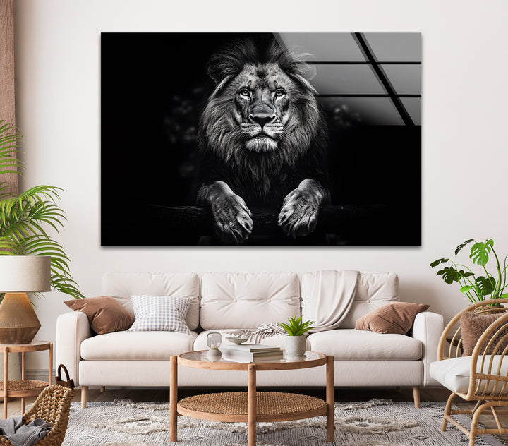 Powerful and regal lion portrait in monochrome, printed on durable glass for a modern touch.
