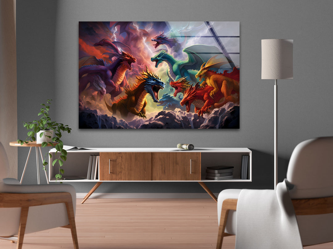 Colorful Dragon Fight: A Powerful Display of Fantasy on Glass
