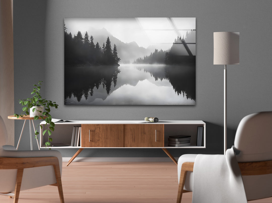 Misty Mountain Reflection: A serene landscape of misty mountains in black and white, perfect for minimalist decor.
