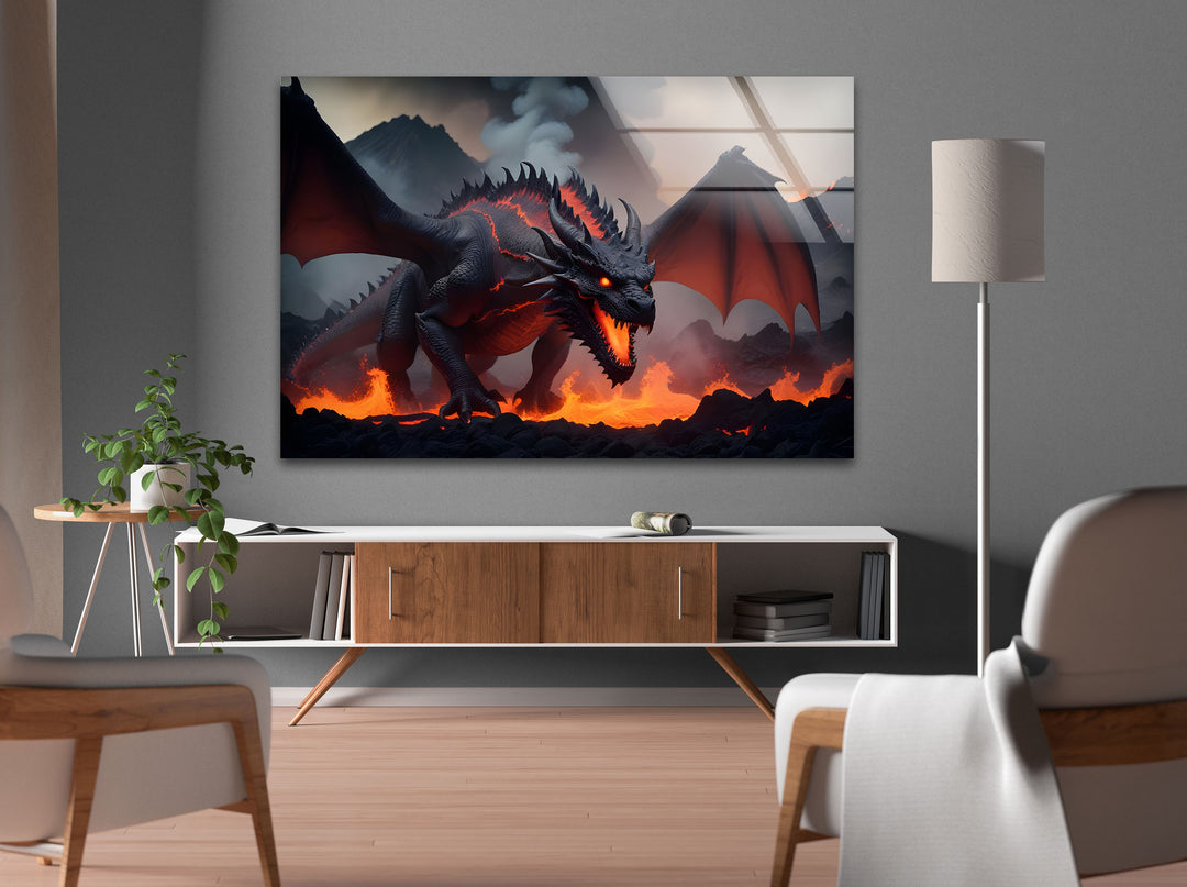 Epic dragon unleashing chaos, roaring with fury in a landscape ablaze with flames.
