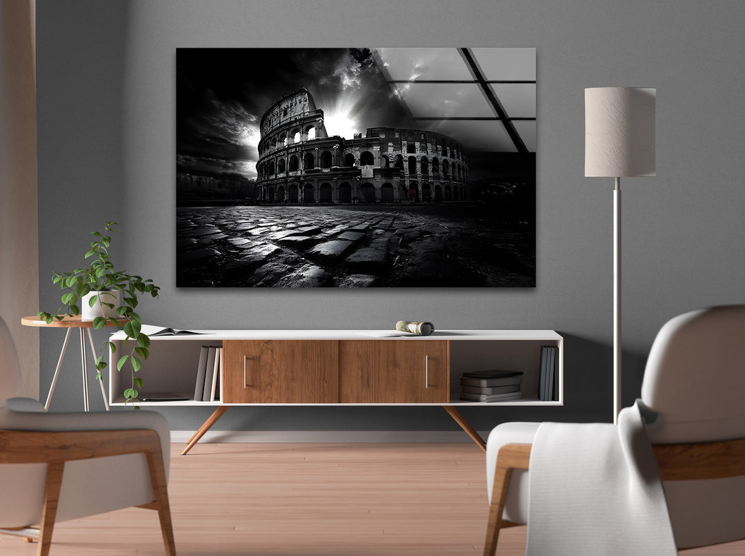 Dramatic black-and-white Roman Colosseum art on glass, making a bold statement in your space.
