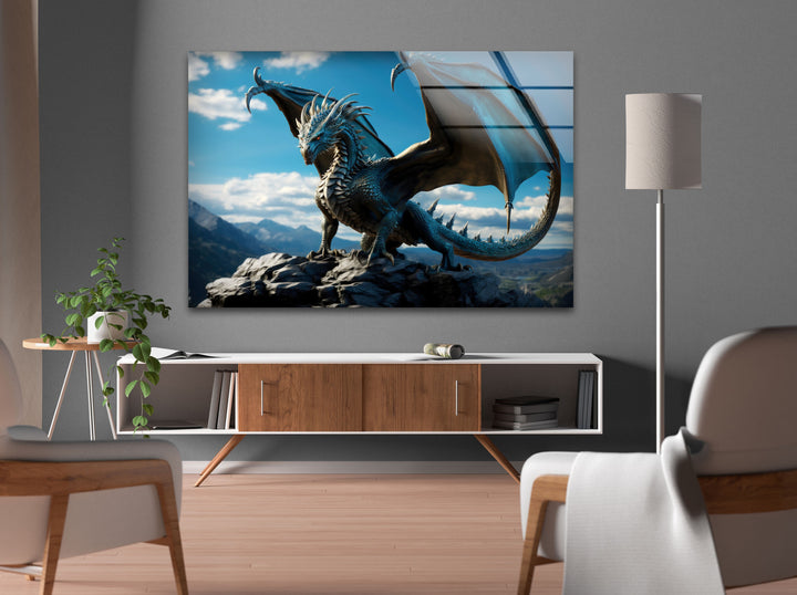 Fierce blue dragon soaring above a rocky landscape, showcasing majestic power.
