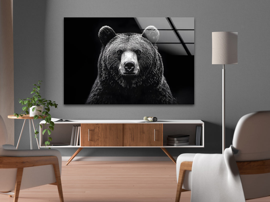 Captivating black-and-white bear portrait on glass, offering dramatic elegance to your room.
