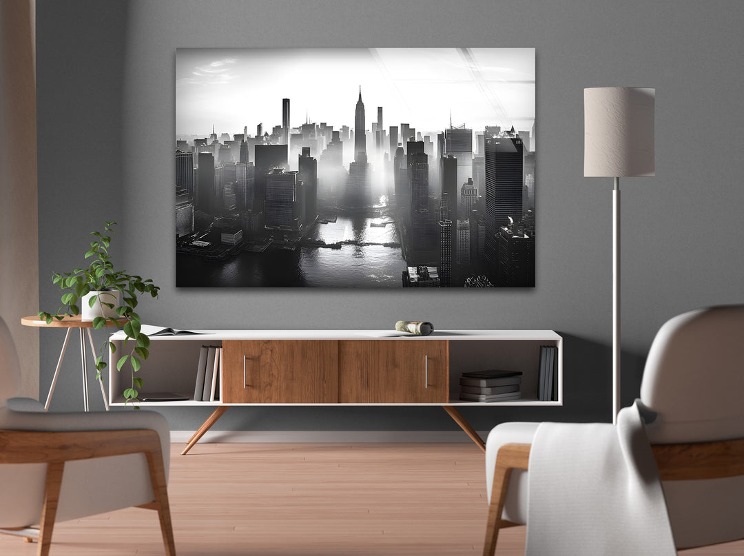 Modern black-and-white cityscape of New York, expertly printed on glass for lasting beauty and sophistication.
