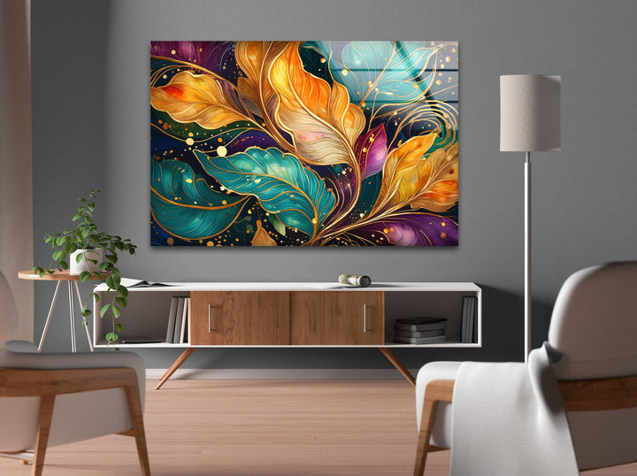 Vivid Botanical Blue Orange Flower Glass Wall Art glass pictures for Wall, glass prints wall art
