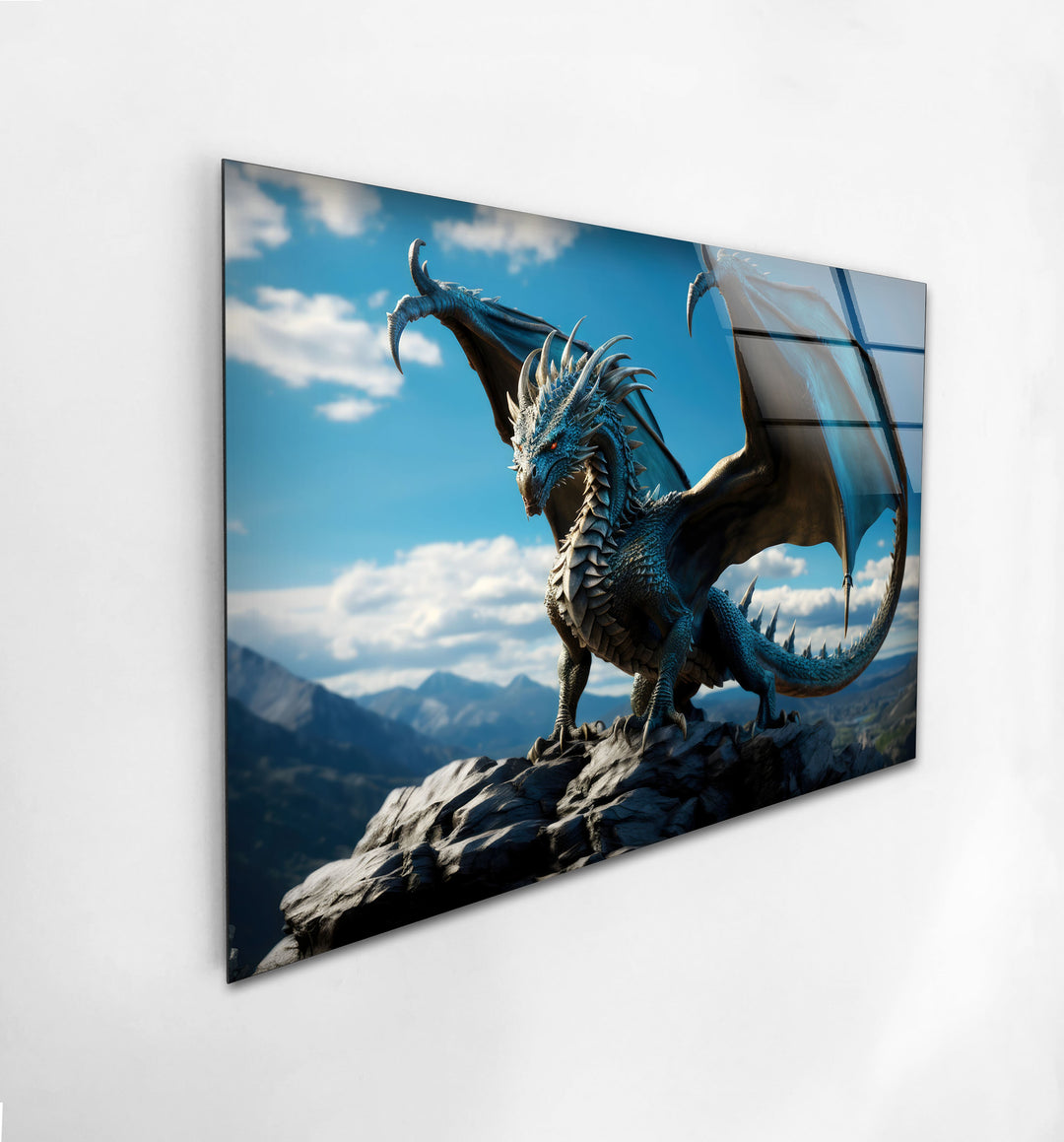 Majestic blue dragon standing strong on a rocky peak, radiating power and elegance.
