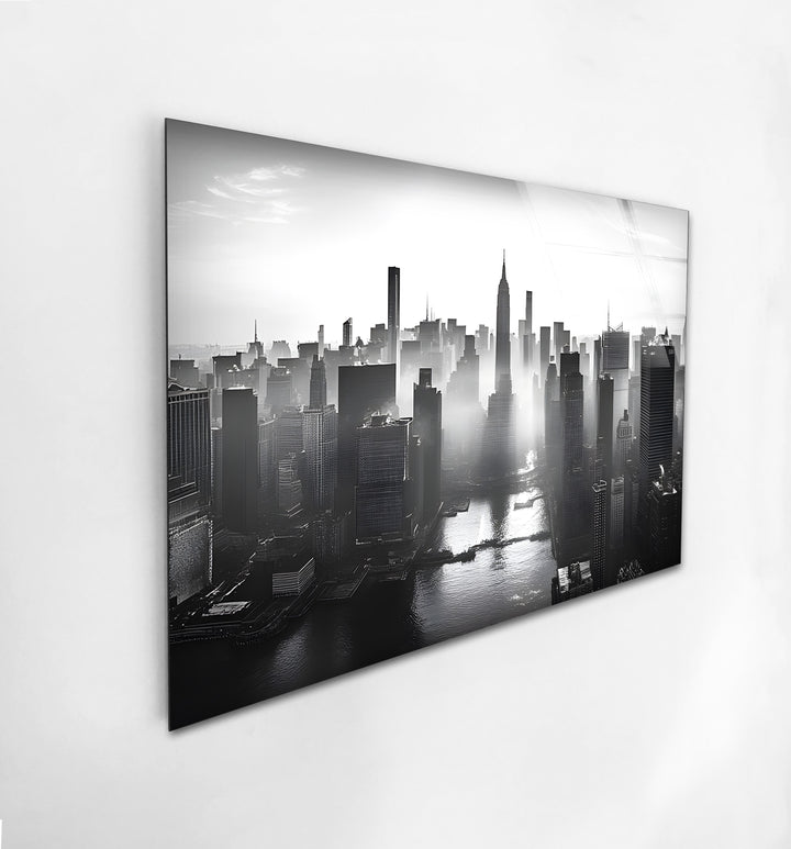 Captivating black-and-white skyline of New York, captured in stunning detail on durable glass.
