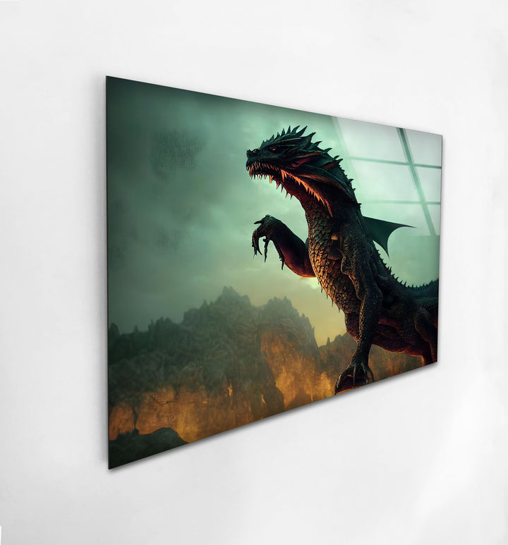 Fierce Dragon in Fiery Landscape: A Mythical Creature Roaring in the Flames on Glass Wall Art