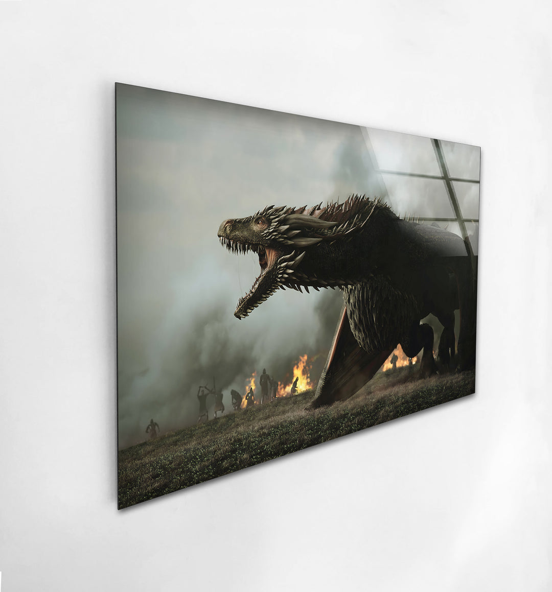 Epic Dragon Battle: Powerful Fantasy Art on Tempered Glass
