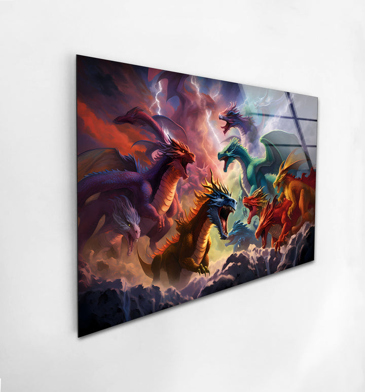 Majestic Dragons in Battle: A Bold and Colorful Glass Wall Art
