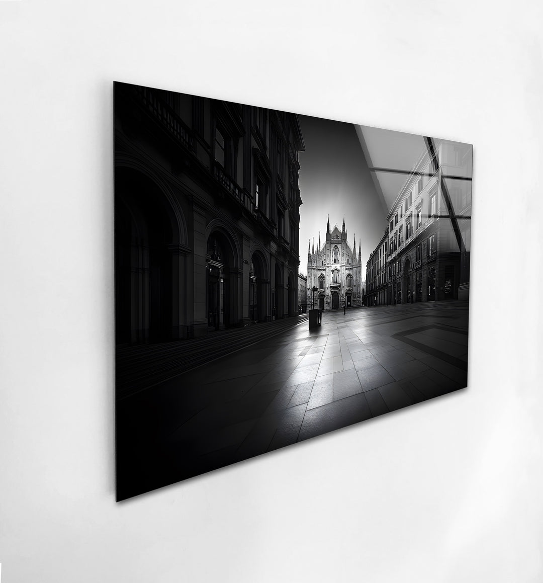 A breathtaking black and white glass wall art featuring the iconic Duomo di Milano in stunning detail.
