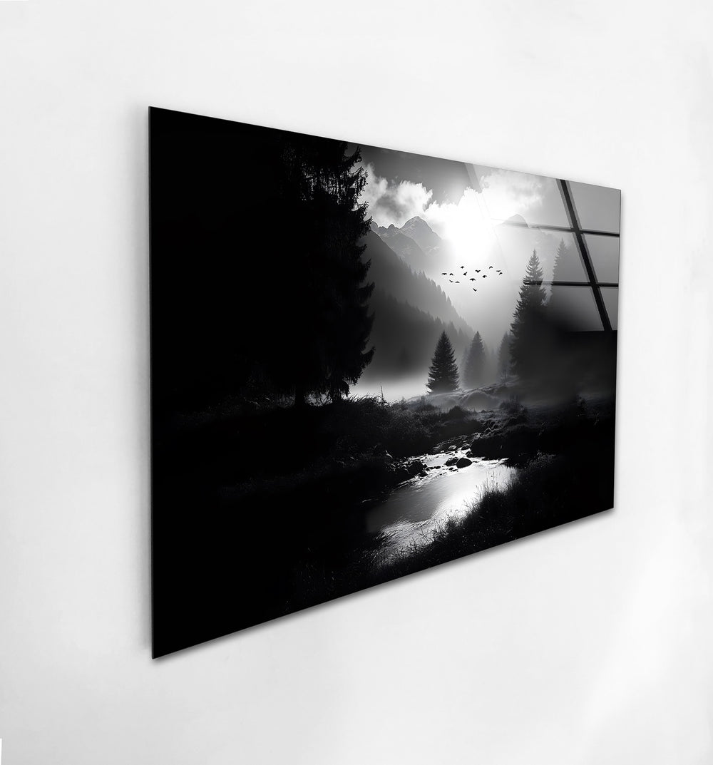 Dramatic mountain scenery captured in stunning black and white glass wall art, perfect for nature lovers.
