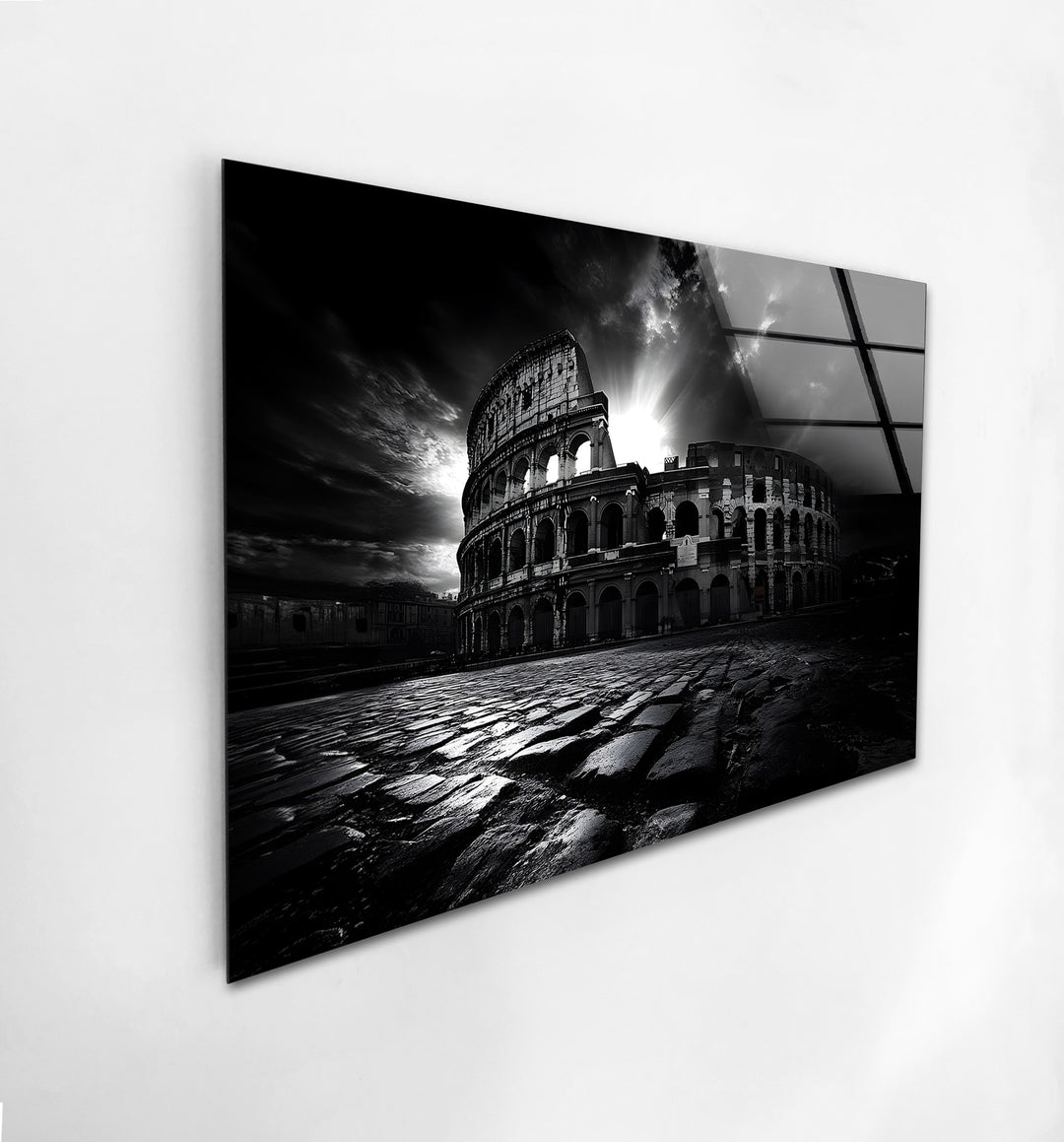 Bold black-and-white depiction of the Roman Colosseum, printed on glass for a timeless look.
