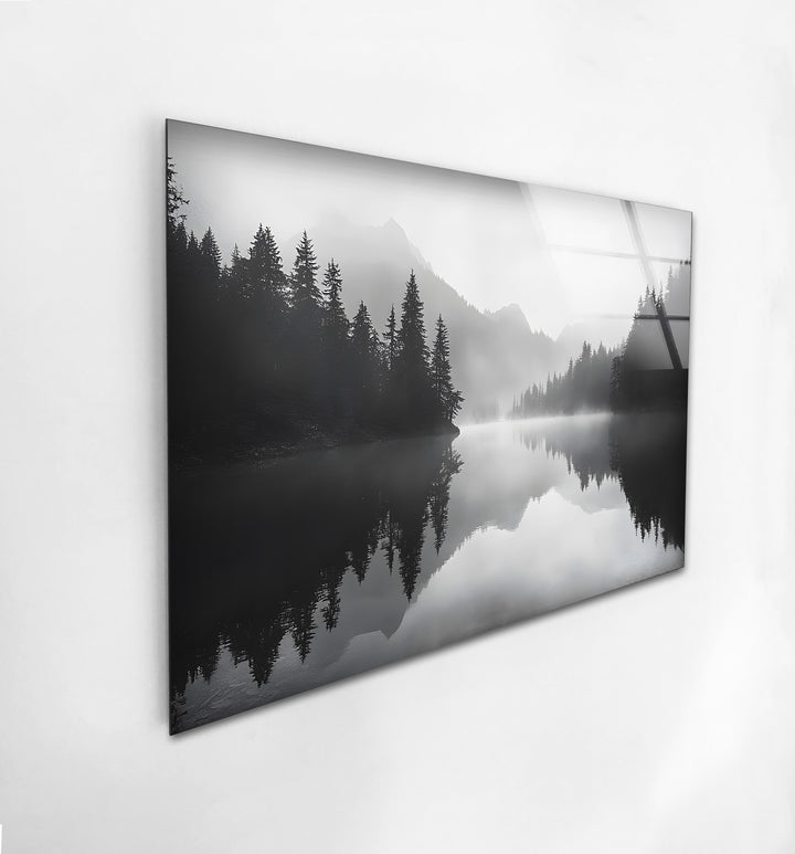 Misty Mountain Reflection: A peaceful mountain scene in black and white, perfect for serene home decor.
