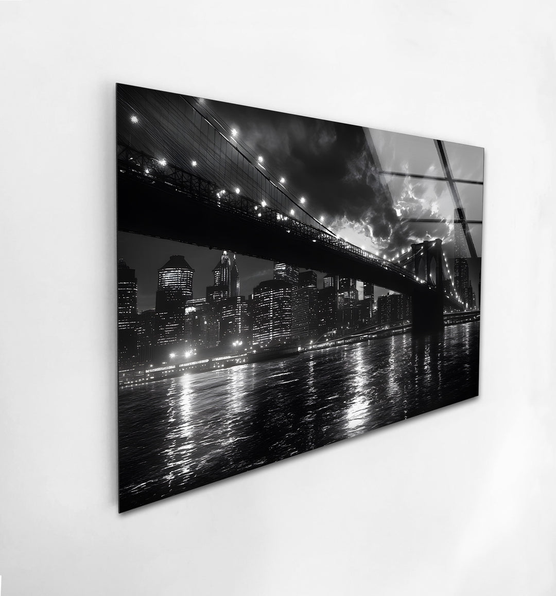 Elegant cityscape artwork in black and white, capturing the iconic Brooklyn Bridge at night.
