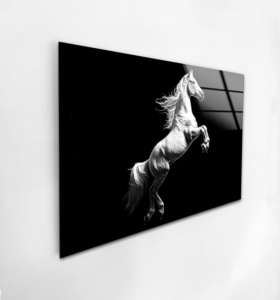 Majestic white horse in motion, beautifully detailed in black and white glass wall art for an elegant touch.