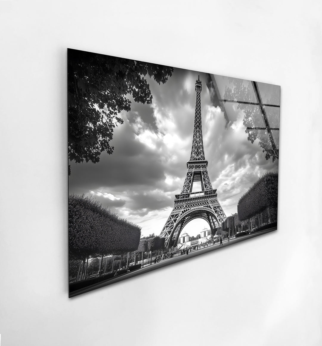 Elegant Parisian architecture captured in black and white, beautifully printed on glass wall art.