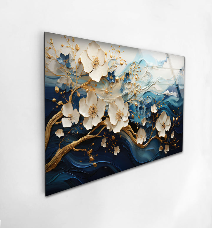 Blue Abstract Gold Floral Glass Wall Art, photo print on glass, prints on glass wall art