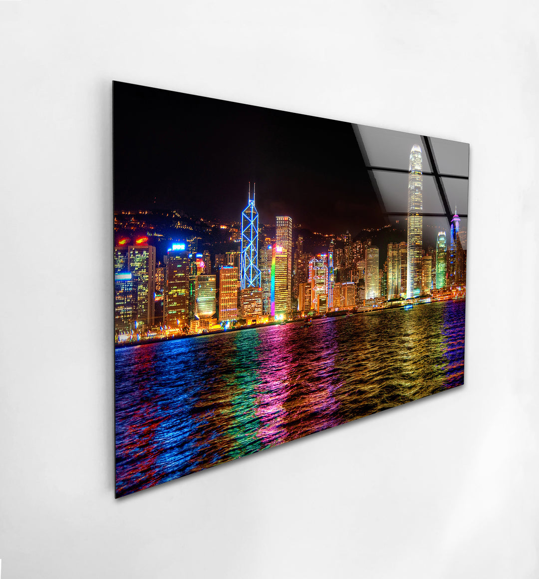 Hong Kong Skyline Glass Wall Art – Vibrant Night Cityscape Decor