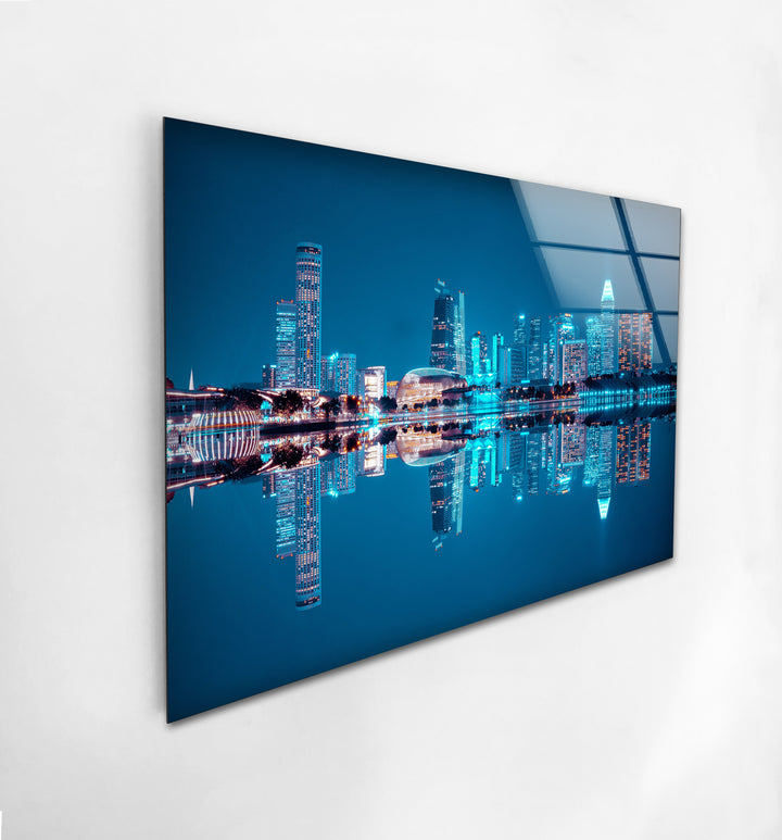 Singapore Skyline Glass Wall Art – Iconic Marina Bay Sands & City Reflections at Night