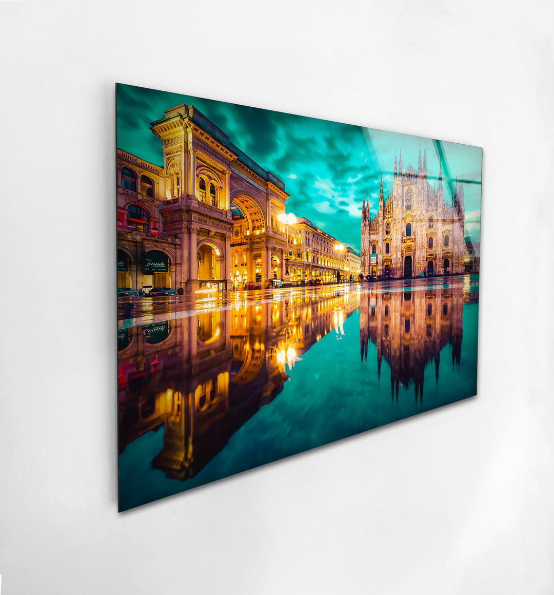 Milan Cityscape Glass Wall Art – Reflected View of Iconic Duomo Cathedral & Galleria Vittorio Emanuele