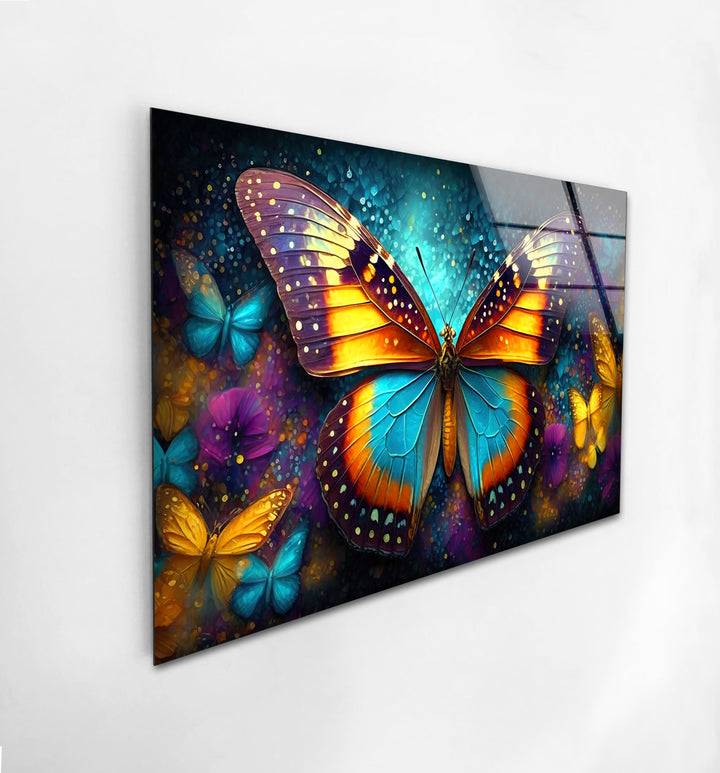 Glowing Rainbow Butterfly Glass Wall Art             glass wall decor, glass wall art decor