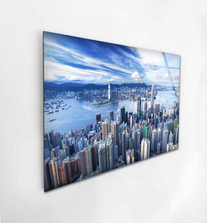 Hong Kong Skyline Glass Wall Art – Aerial Cityscape & Harbor View