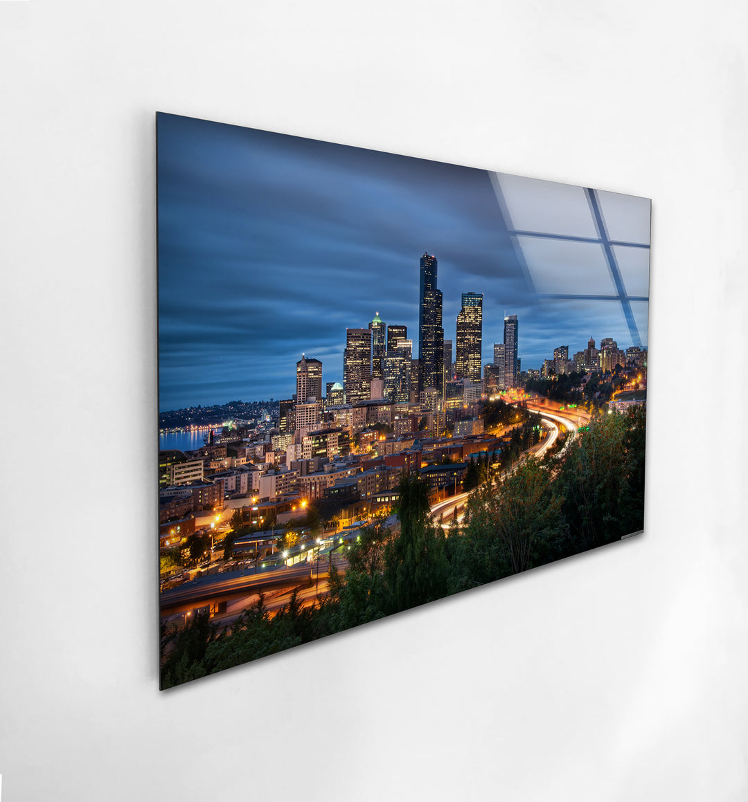 Seattle Skyline Glass Wall Art – Stunning View of Downtown Seattle at Night