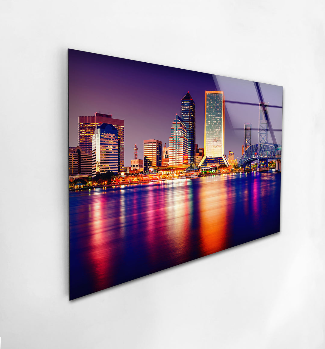 Jacksonville Skyline Glass Wall Art – Stunning View of Florida’s Iconic Downtown at Night