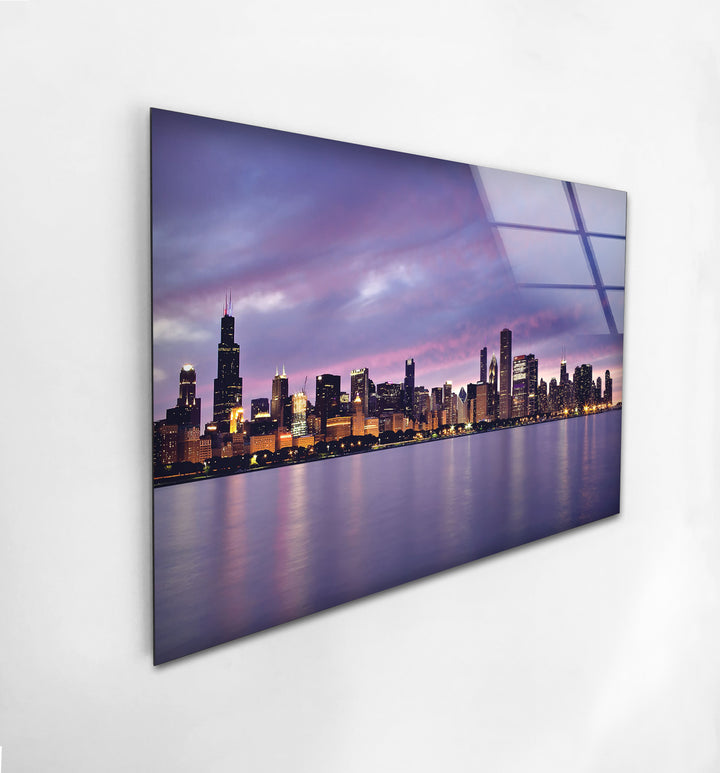 Chicago Skyline Glass Wall Art – Stunning View of Downtown Chicago at Sunset