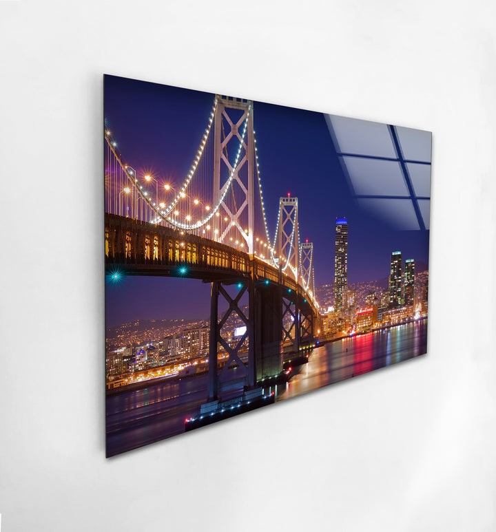 Bay Bridge Glass Wall Art – Iconic San Francisco Cityscape at Night