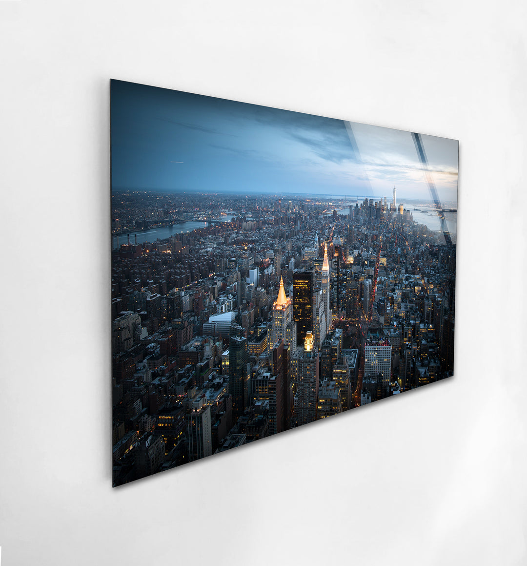 New York City Skyline Glass Wall Art – Stunning Aerial View of Manhattan at Twilight