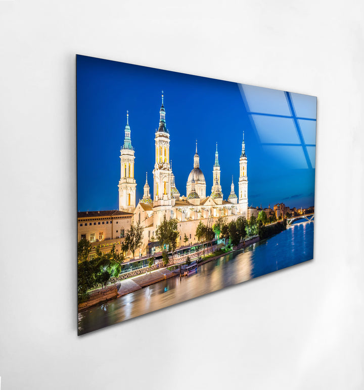 Basilica del Pilar Glass Wall Art – Stunning Night View of Zaragoza’s Iconic Landmark