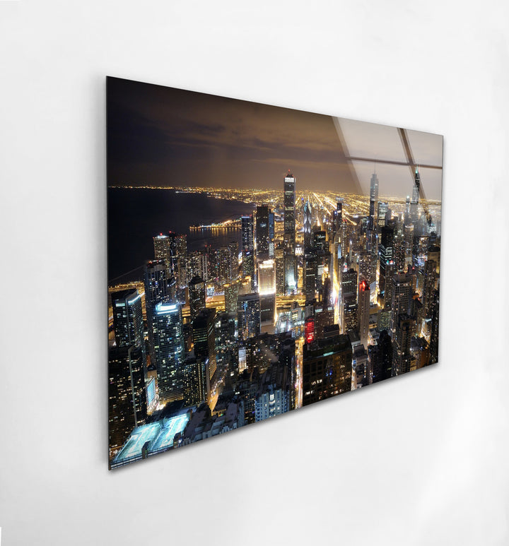 Chicago Cityscape Glass Wall Art – Night Skyline Modern Decor