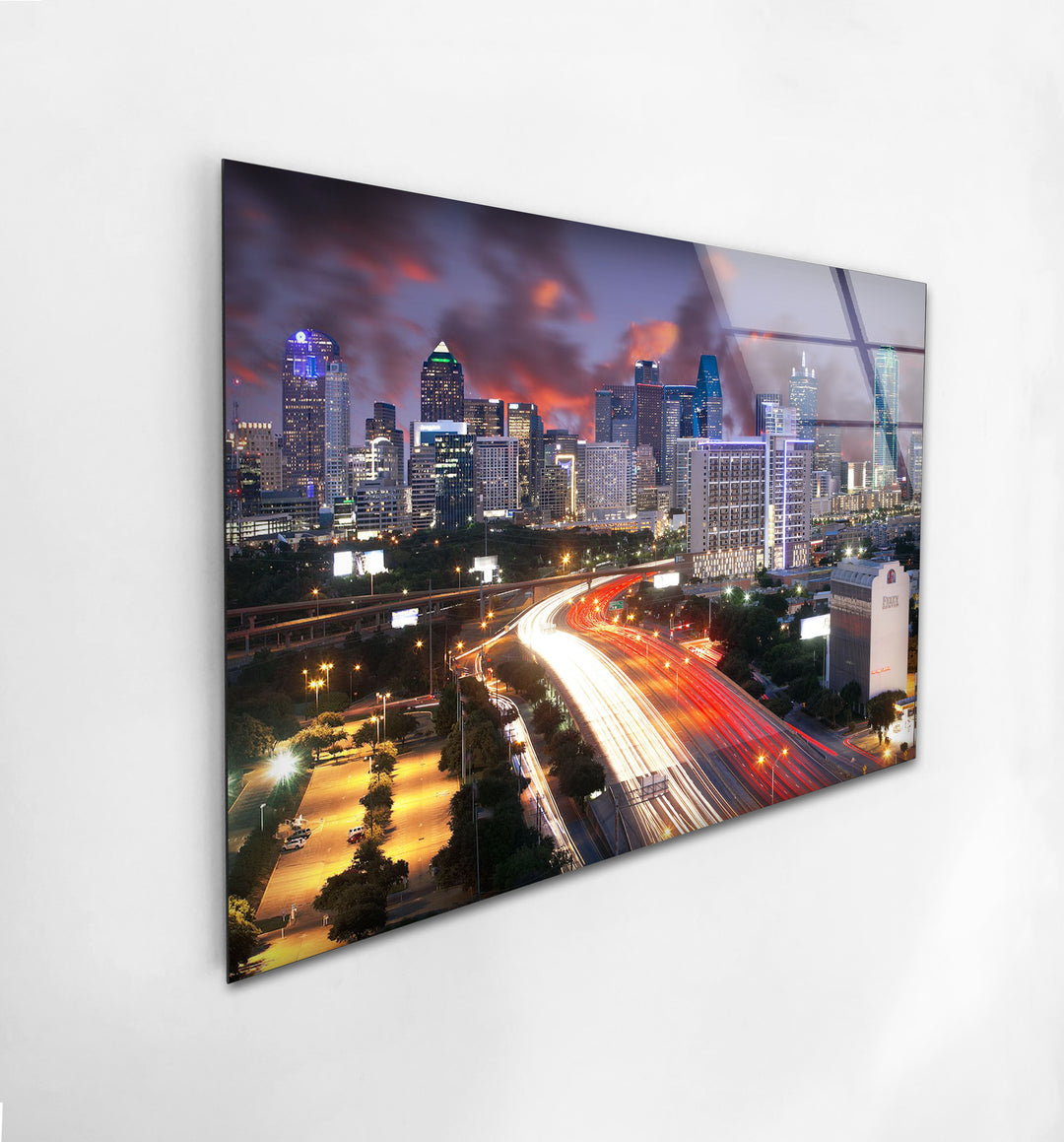 Dallas Skyline Glass Wall Art – Stunning View of Downtown at Dusk