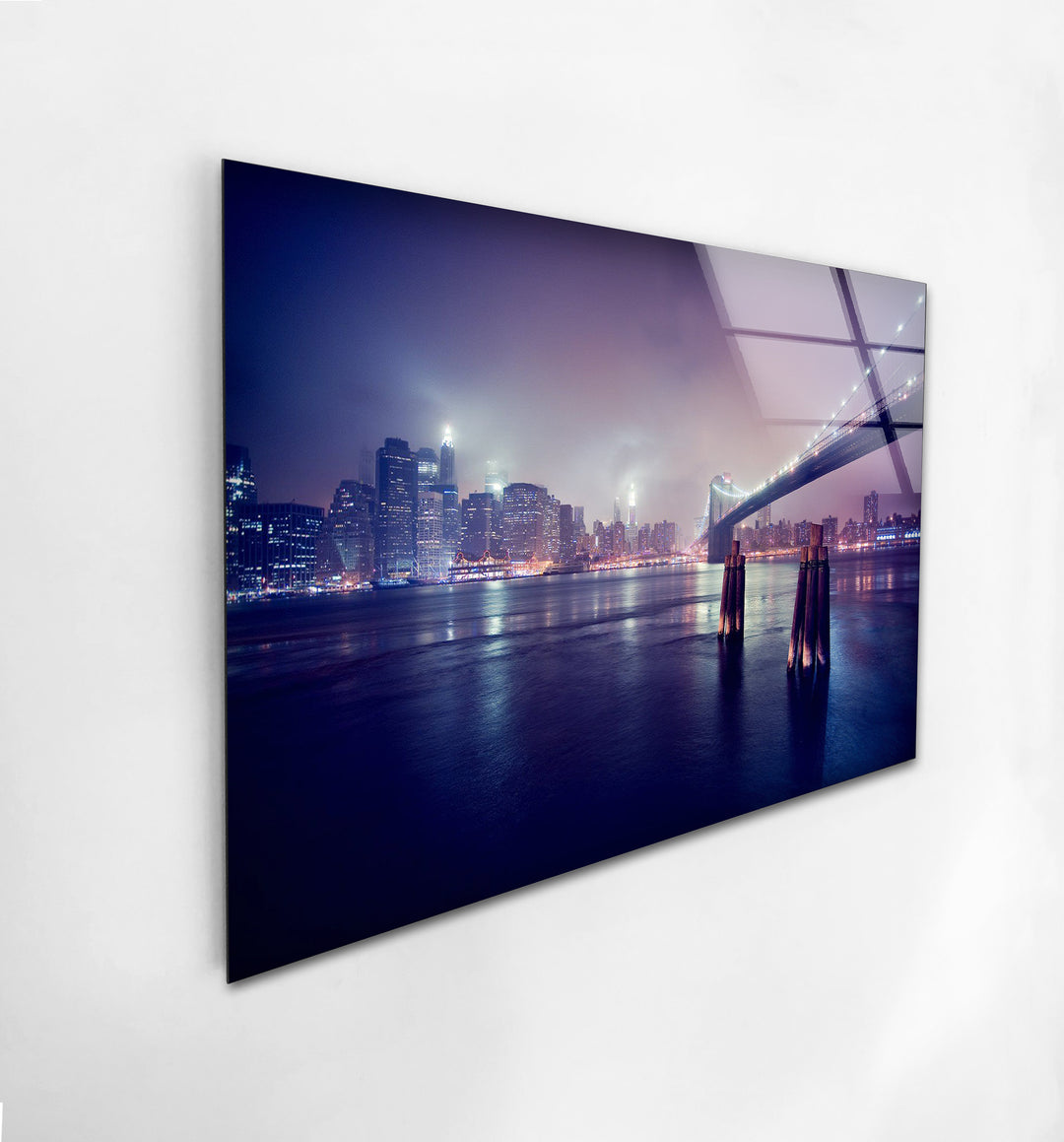 Brooklyn Bridge Glass Wall Art – Stunning New York City Skyline at Night with Brooklyn Bridge