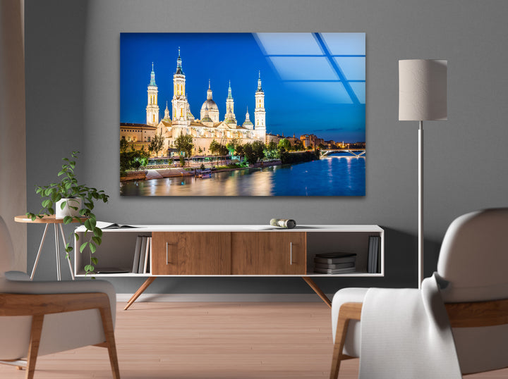 Basilica del Pilar Glass Wall Art – Stunning Night View of Zaragoza’s Iconic Landmark