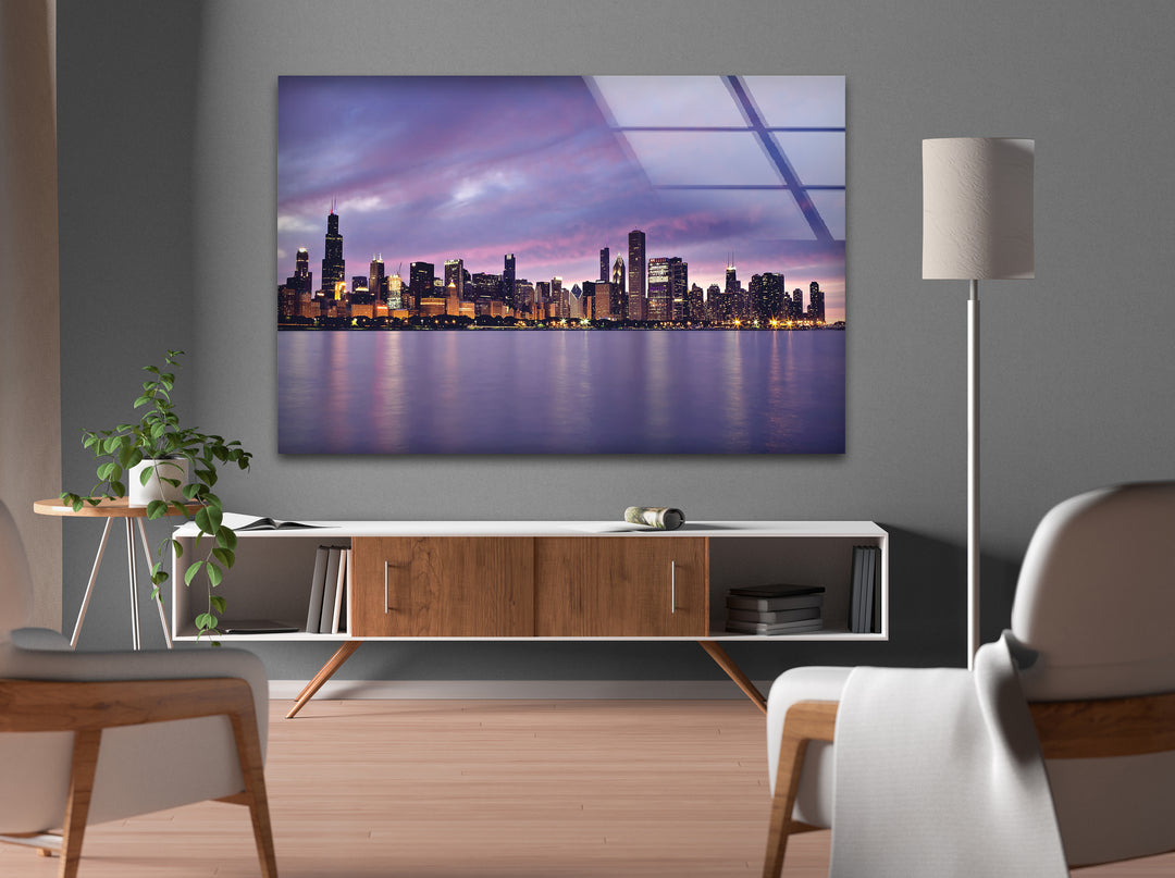 Chicago Skyline Glass Wall Art – Stunning View of Downtown Chicago at Sunset