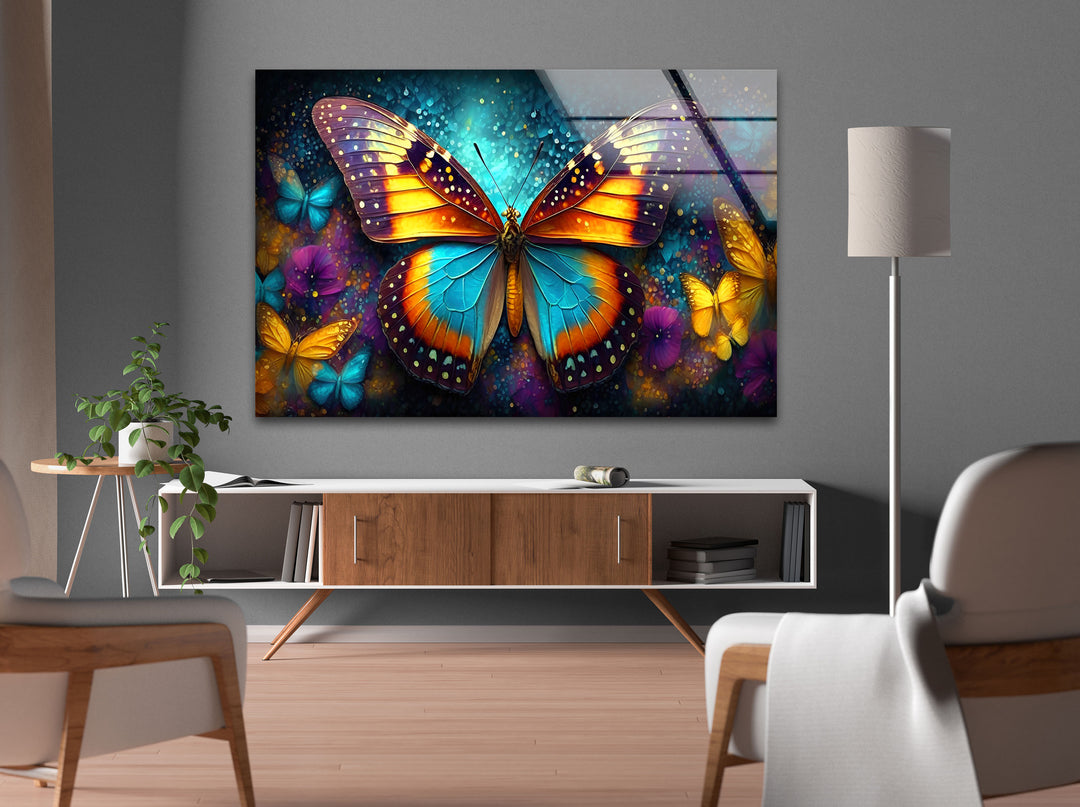 Glowing Rainbow Butterfly Glass Wall Art print picture on glass,Tempered Glass Wall Art