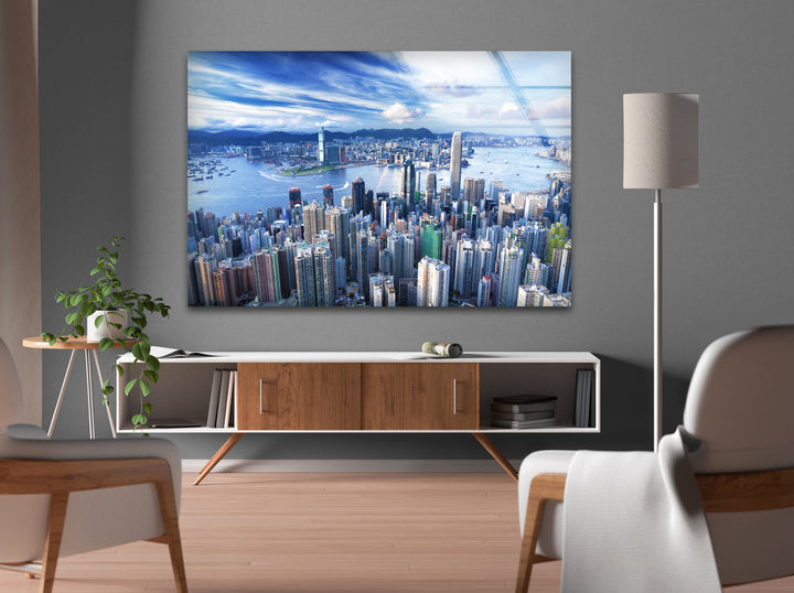 Hong Kong Skyline Glass Wall Art – Aerial Cityscape & Harbor View